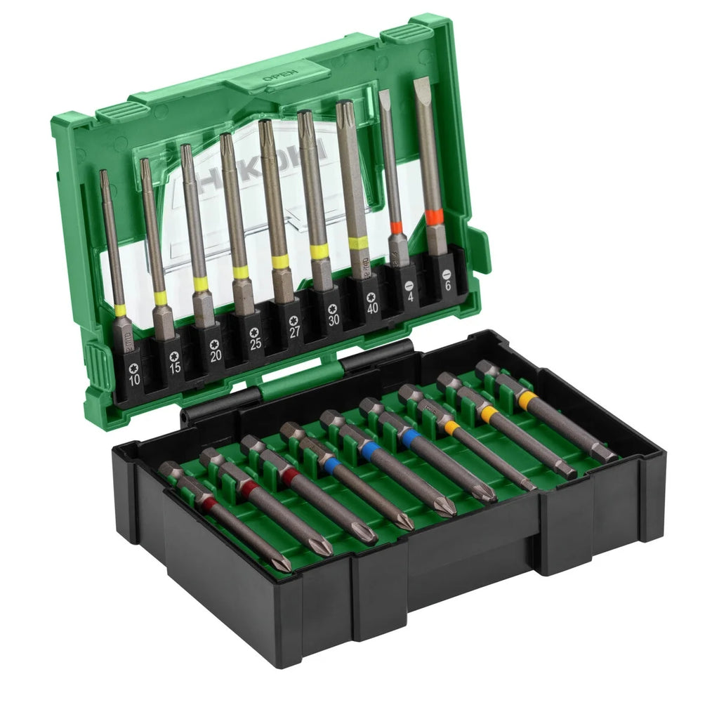 Hikoki Bit-Box 1/4'', 18-teilig, 75mm, inkl. magnetischem Bithalter, Größe II